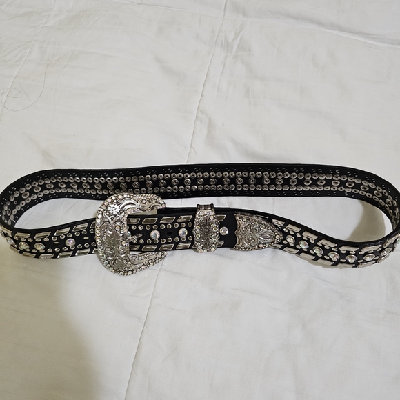 Nocona Black and Silver Leather Western Belt with Ornate Buckle Size M